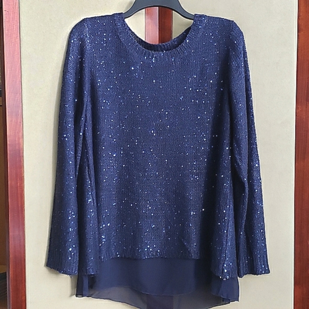Blue Knit Lined Sequin Top Split Back  L